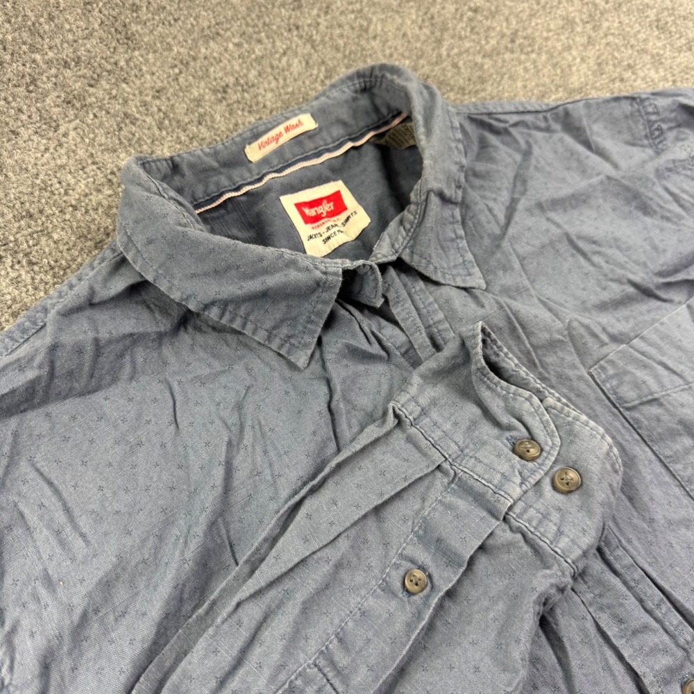 Wrangler Button Up Shirt 2XL Blue Vintage Wash Dobby Long Sleeve Mens